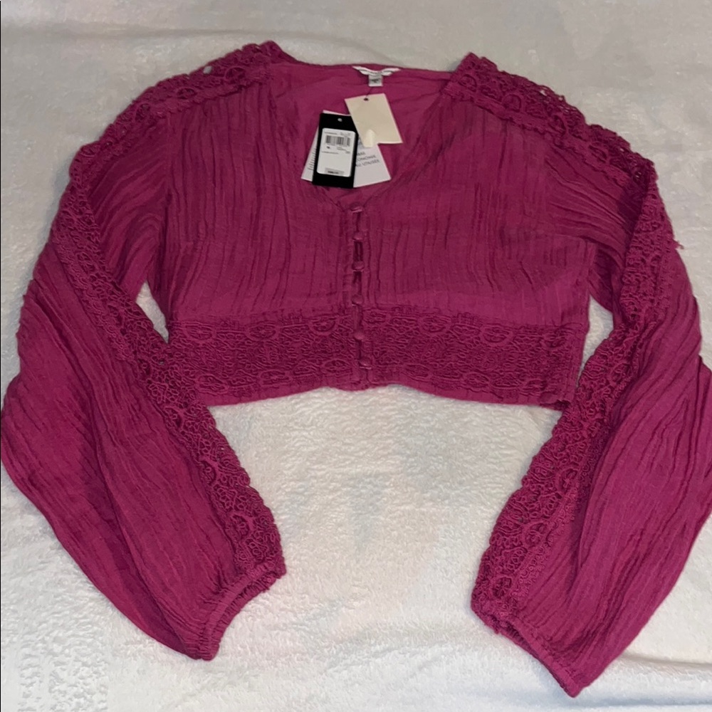 Guess Pink 3/4 Sleeve Crop Blouse with Mandarin Collar
